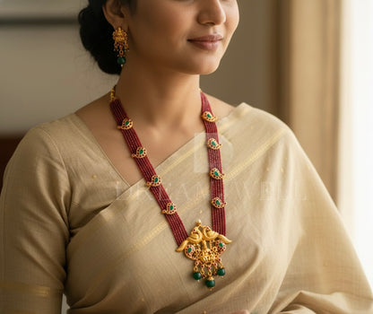 Matte Finish Ruby-emerald beaded Lakshmi Haar Set dj-17386