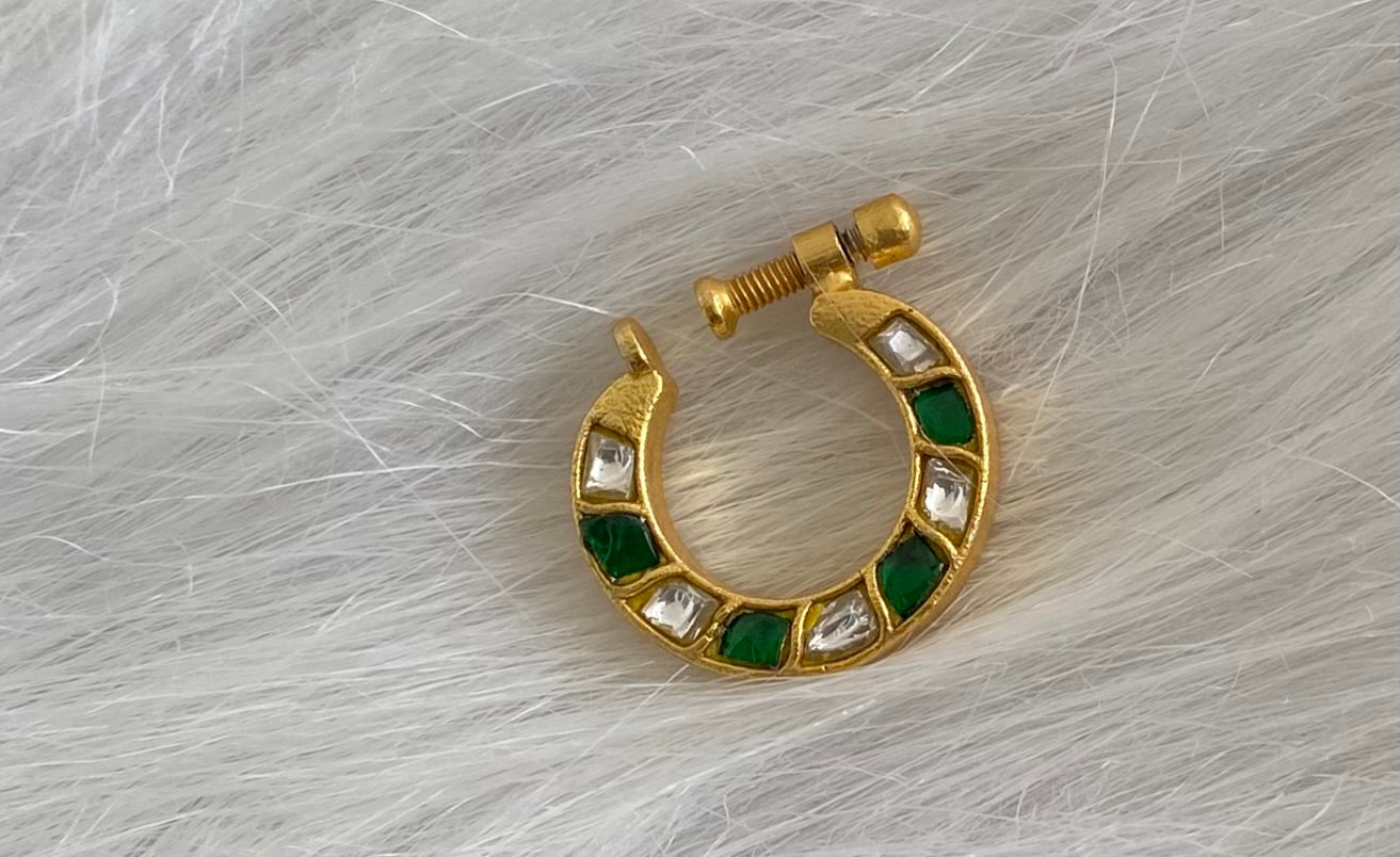 Gold tone kundan jadau green-white stone nose pin dj-53723