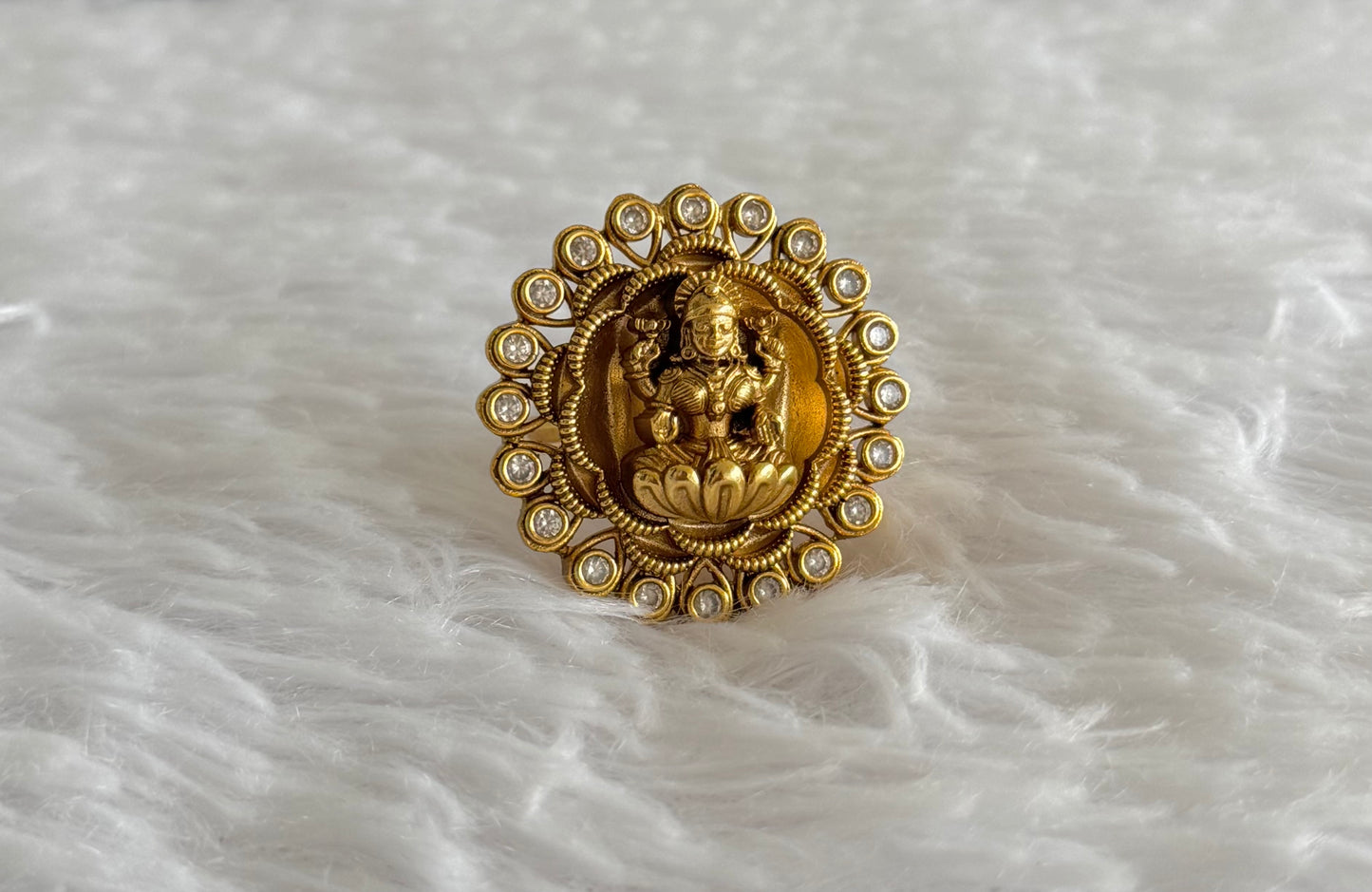 Antique gold tone white Lakshmi adjustable finger ring dj-51405