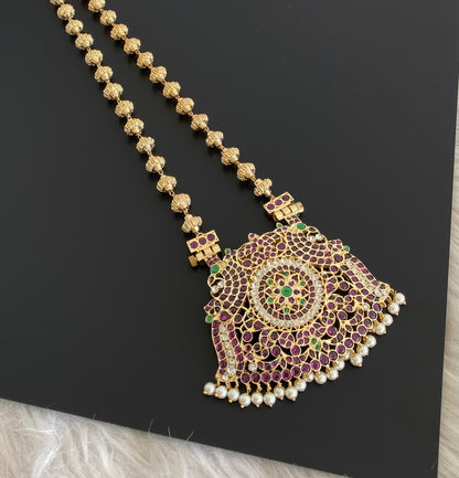 Gold tone precious kemp-green-white peacock flower nakshi beaded haar dj-54733