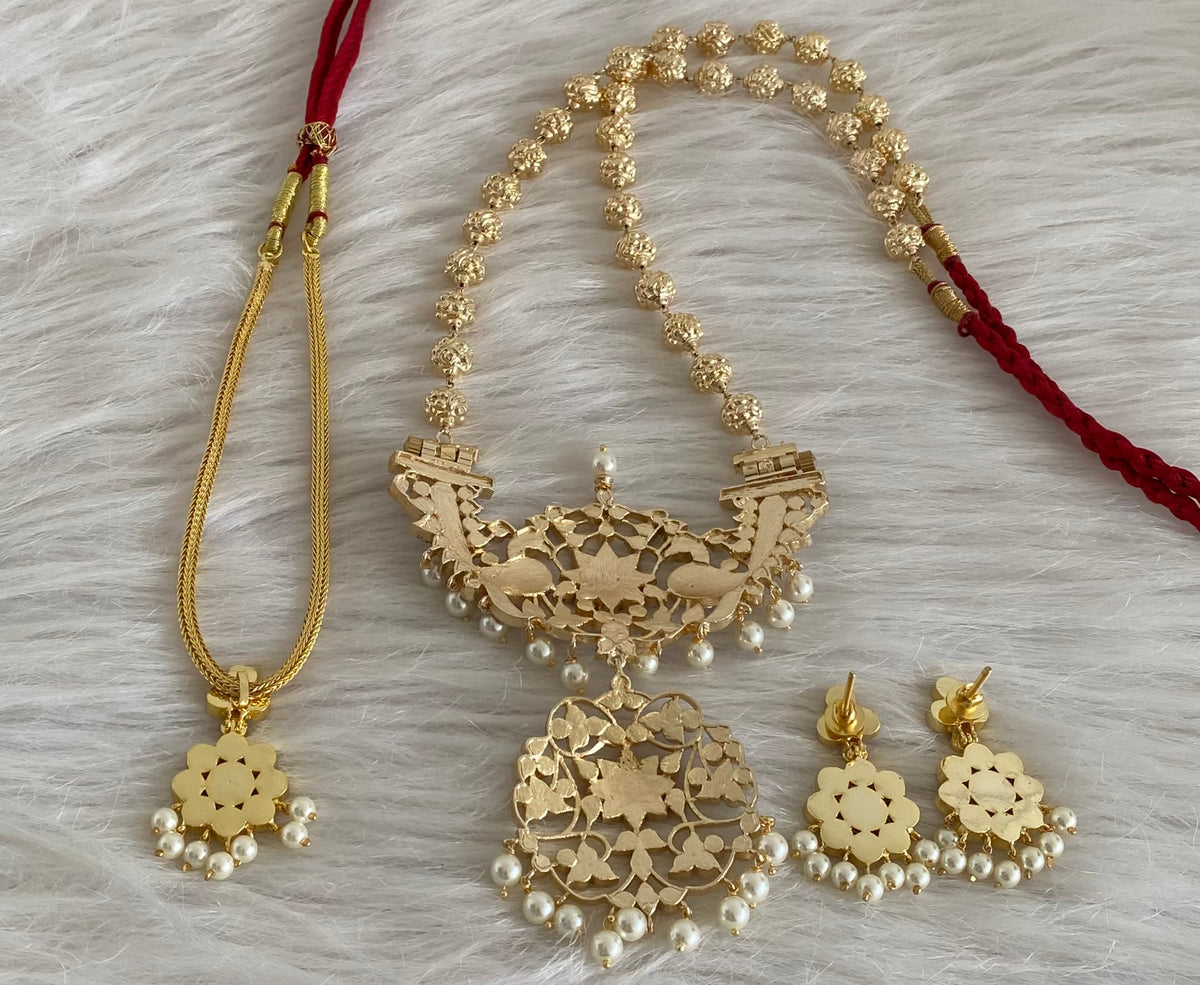 Gold tone precious kemp-green-white pearl peacock nakshi beaded combo set dj-54944