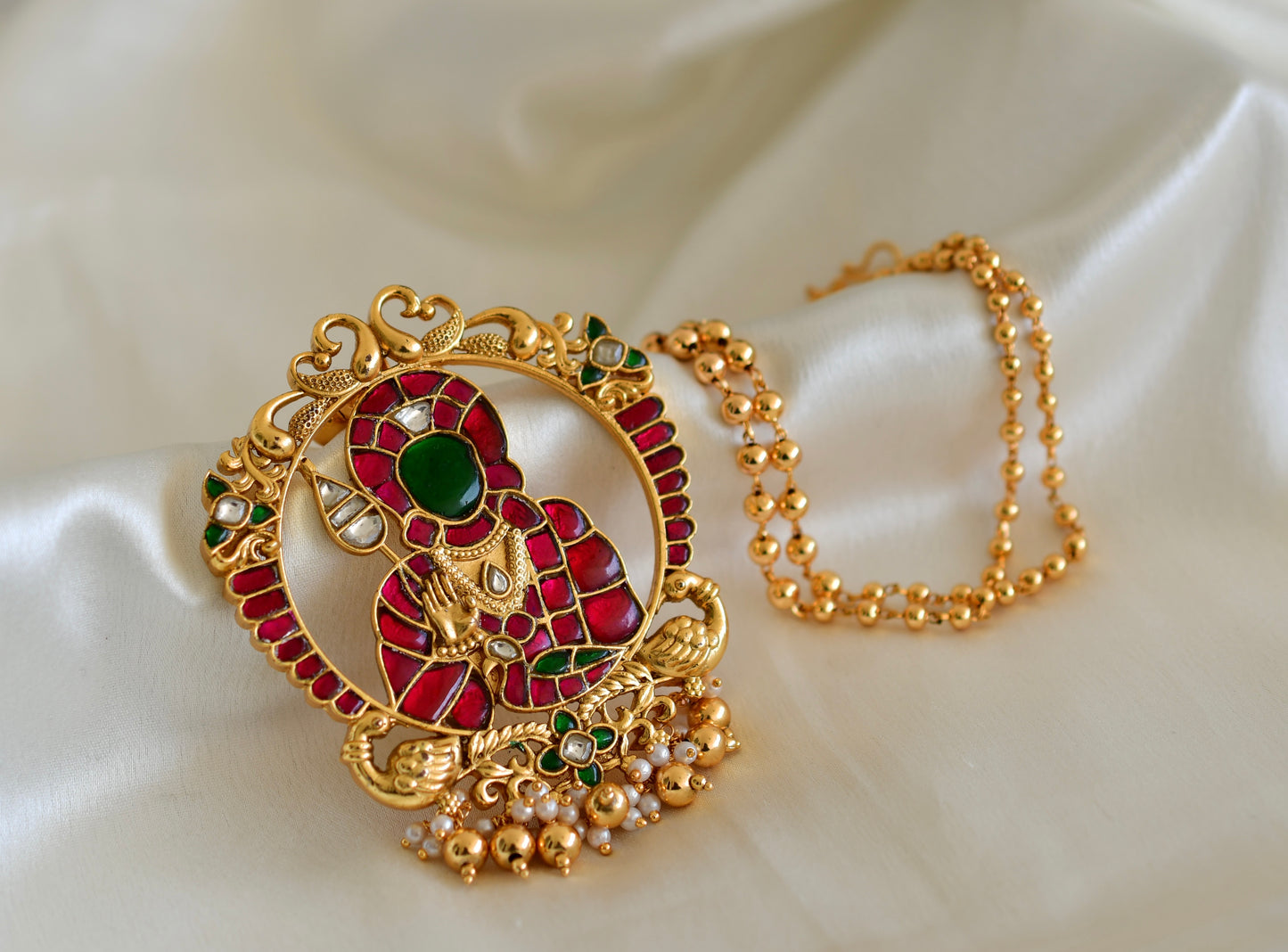 Matte finish pink-green kundan jadau Shri Karthikeya pendant necklace dj-52605