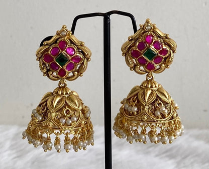 Gold tone pink-green stone pearl  kundan jadau jhumkka dj-53589