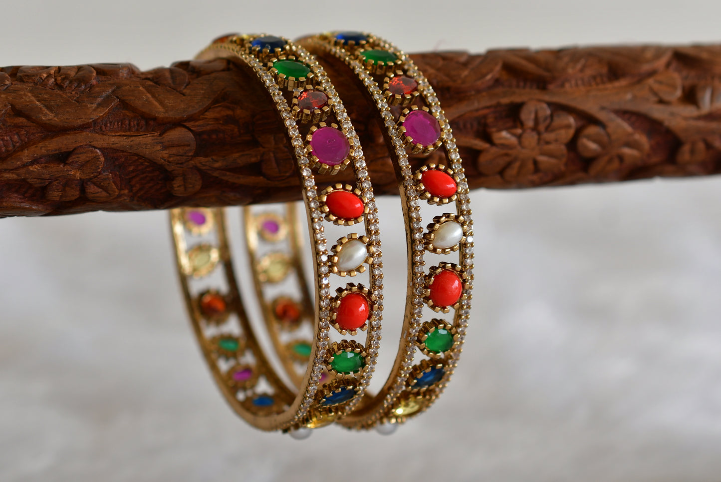 Antique gold tone cz navarathna bangles(2.6) dj-51779