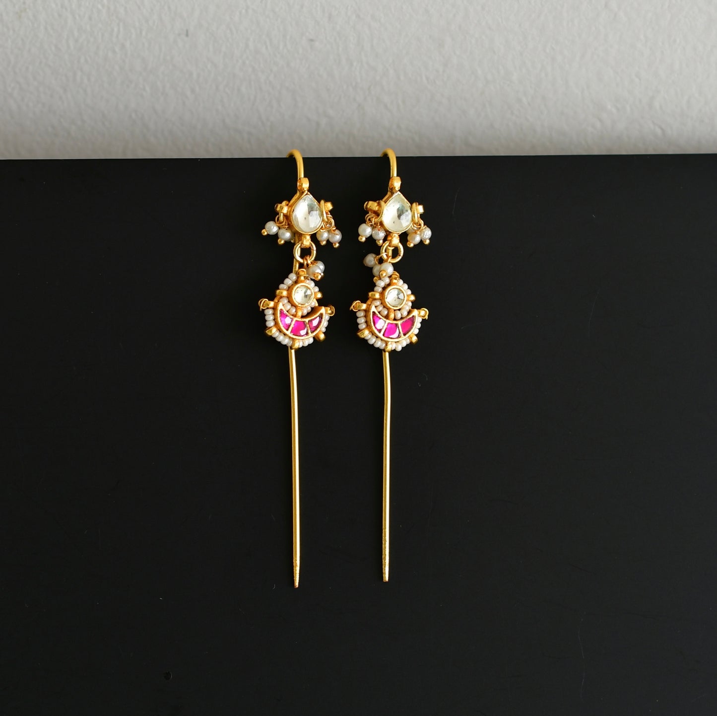 Gold tone pink-white kundan jadau moon bugadi needle earrings dj-52451