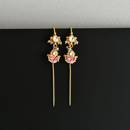 Gold tone pink-white kundan jadau moon bugadi needle earrings dj-52451