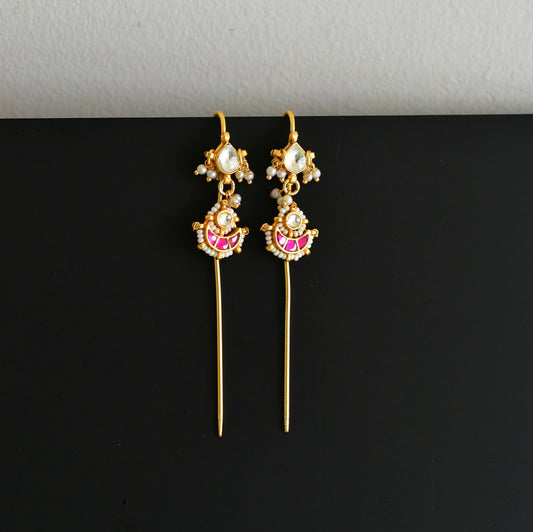 Gold tone pink-white kundan jadau moon bugadi needle earrings dj-52451