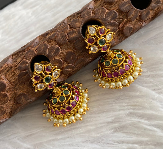 Antique gold tone kemp-green-white pearl  jhumkka dj-53572