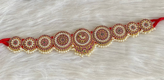 Gold tone precious kemp-green-white pearl peacock flower round waist band dj-54736