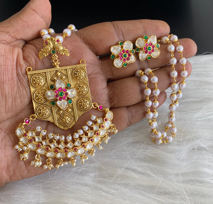 Antique gold tone Kundan jadau pearl chain with pendant set dj-53856