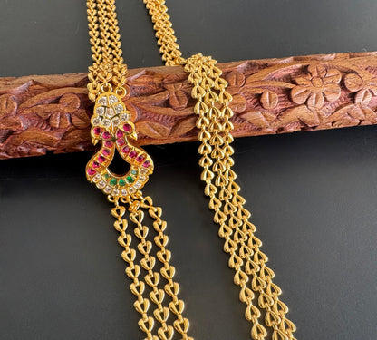Gold tone 24 inches ruby-green-white triple layer peacock mugappu chain dj-51269