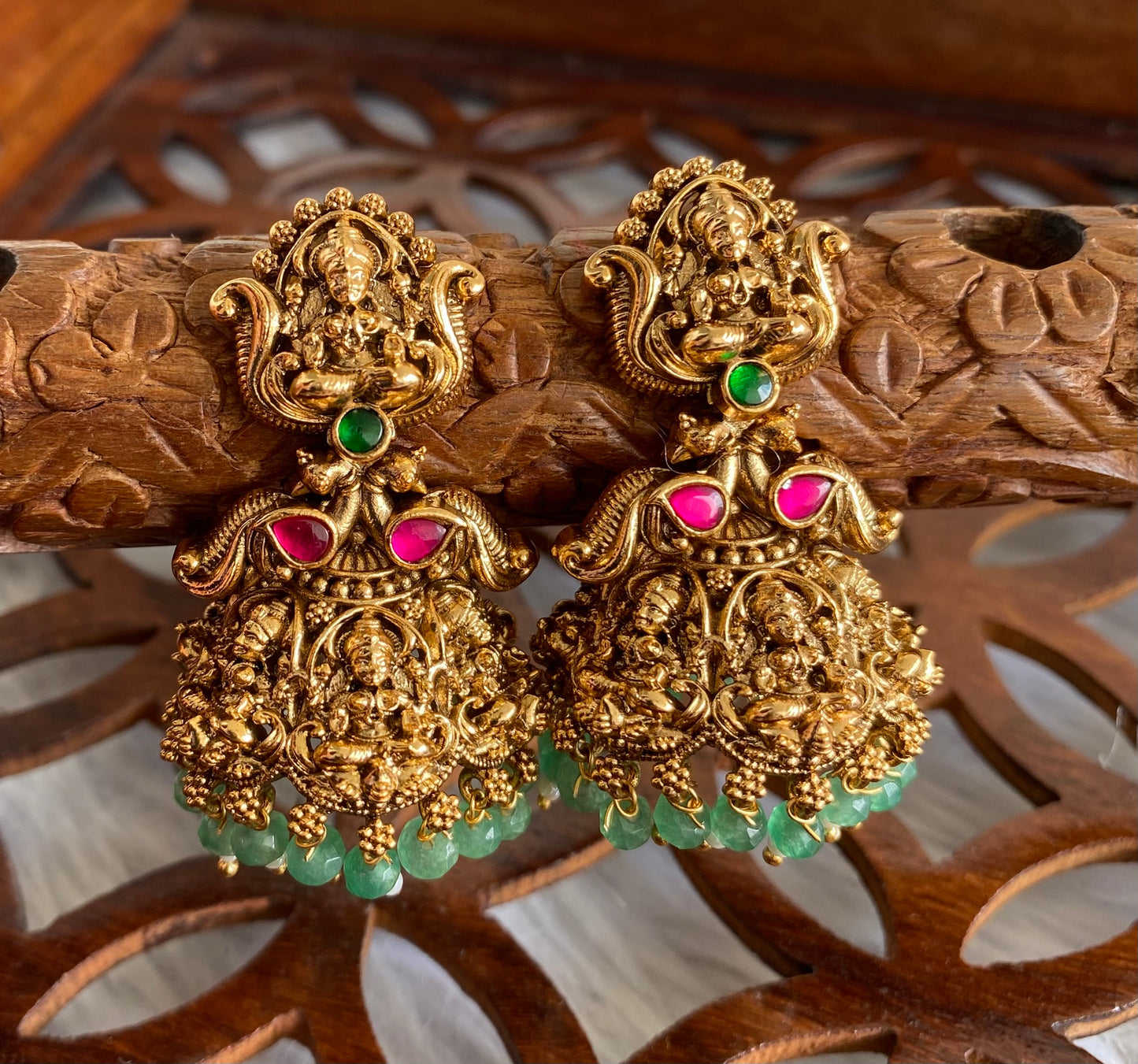 Antique gold tone pink-green beaded Lakshmi jhumkka dj-51050