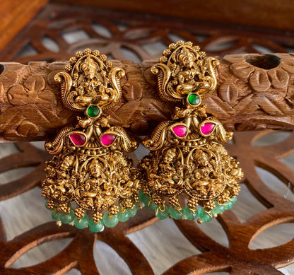 Antique gold tone pink-green beaded Lakshmi jhumkka dj-51050