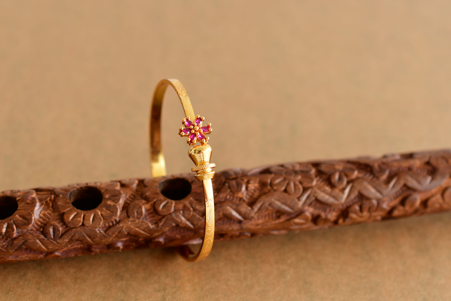 Gold tone ruby flower openable kada/bangle(2.4) Dj-51666