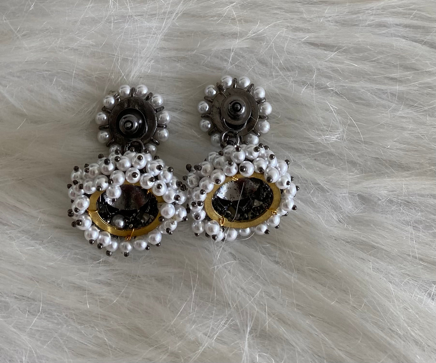 Black finish white stone lotus pearl jhumkka dj-54690