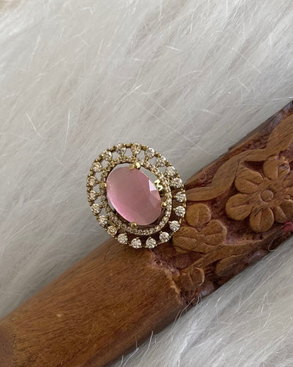Antique gold tone cz white-baby pink stone finger ring dj-55033
