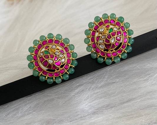Gold tone pink-white kundan jadau green bead peacock round stud/earrings dj-55082