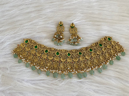 Antique gold tone peacock kundan sea green beaded choker necklace set dj-54804