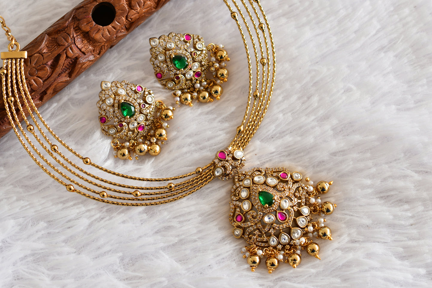 Antique gold tone pink-green kundan jadau kante necklace set dj-52421