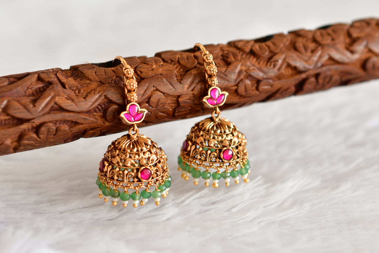 Antique gold tone pink-green beaded hook jhumkka dj-51052