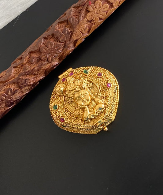 Antique gold tone kemp-green krishna kumkum box dj-54455
