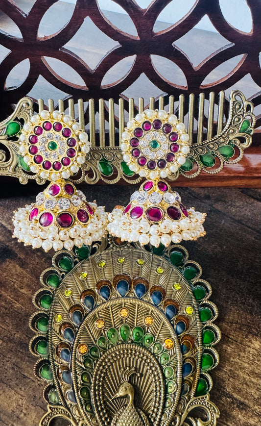 Gold tone precious kemp-green-white pearl jhumkka dj-50865
