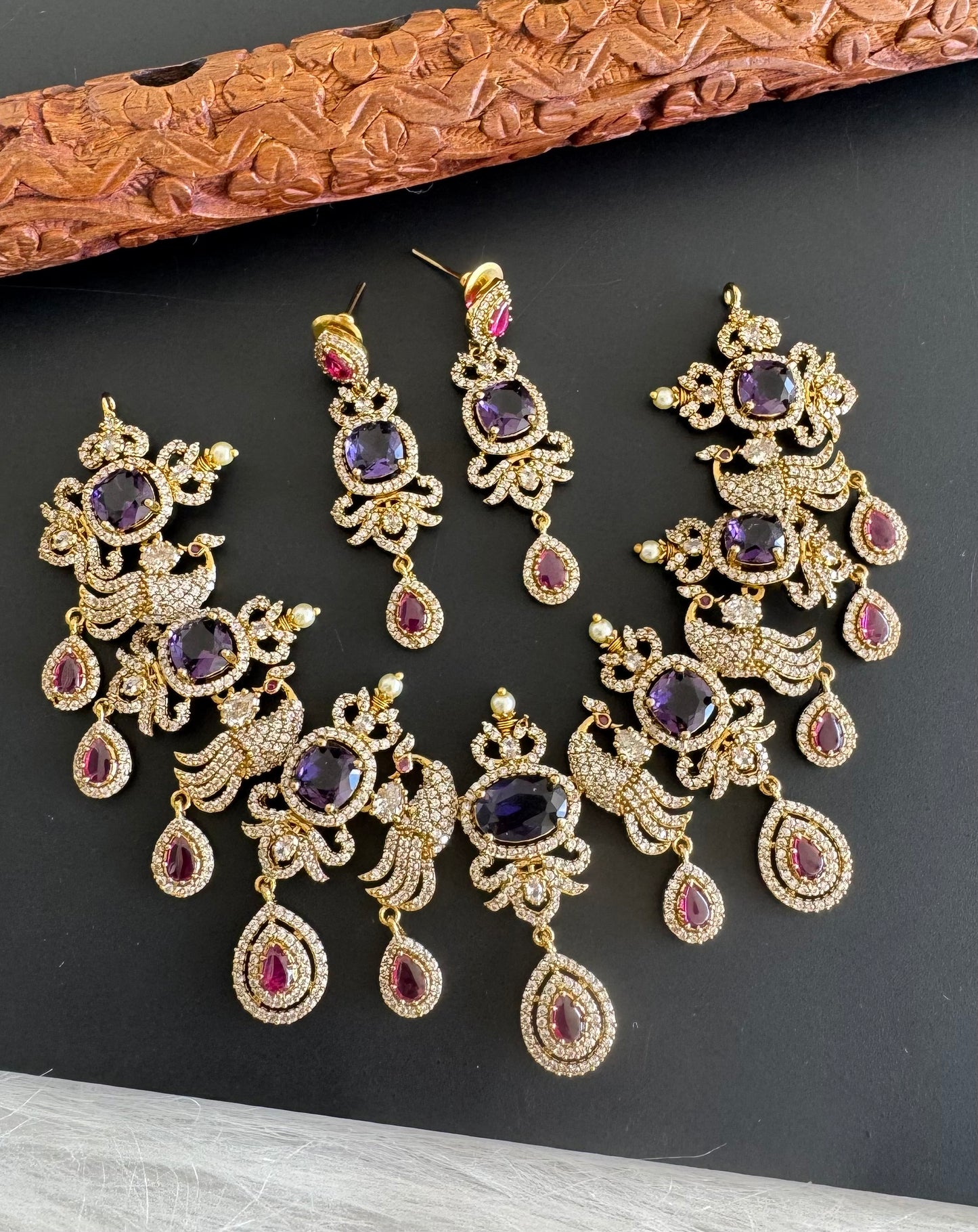 Antique gold tone cz purple-pink peacock necklace set dj-51199