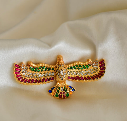 Matte finish Navarathna kundan jadau bird brooch dj-52646