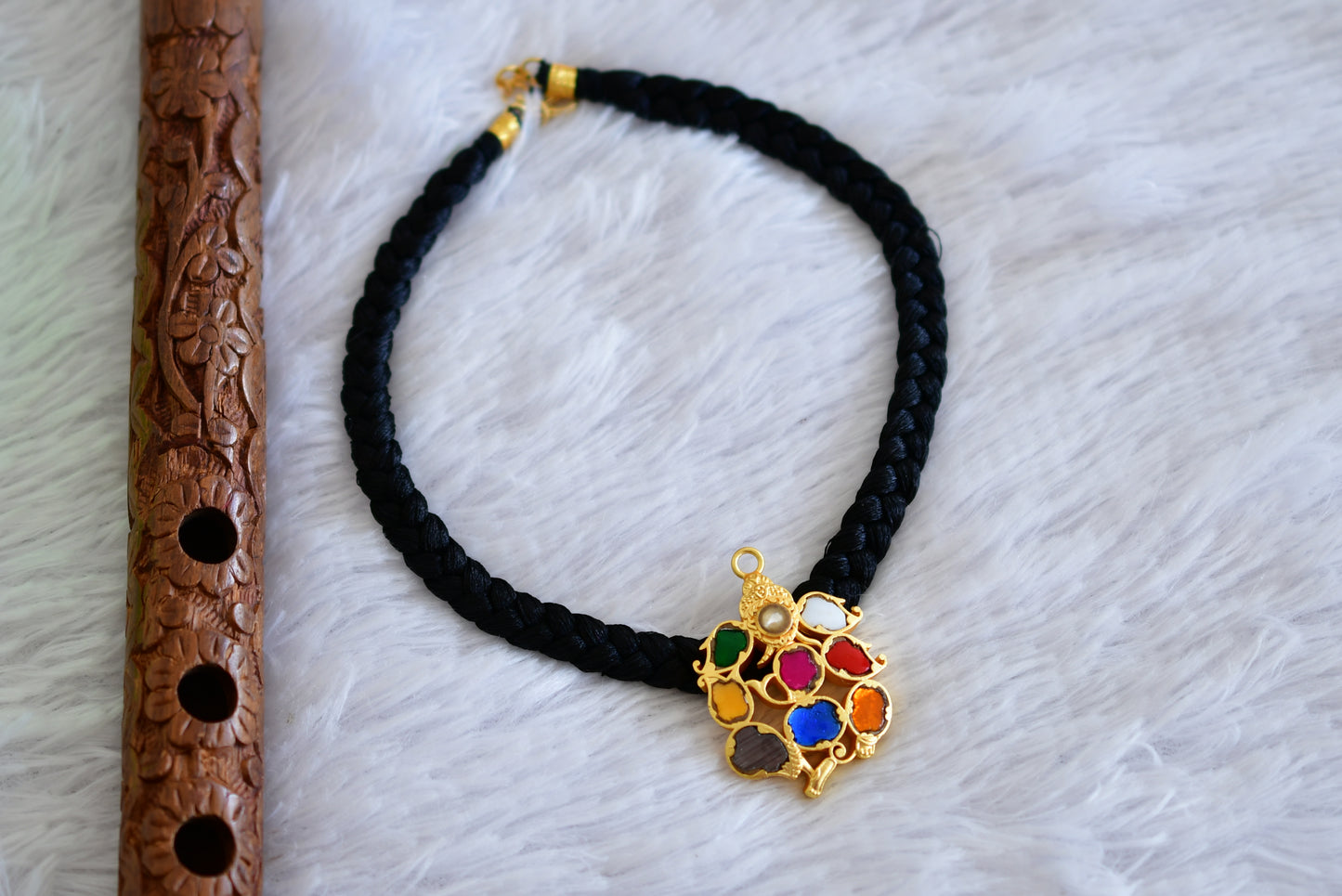 Gold tone black silk thread ganesha navarathna kundan jadau necklace dj-48656