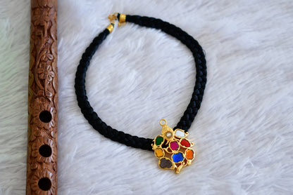 Gold tone black silk thread ganesha navarathna kundan jadau necklace dj-48656
