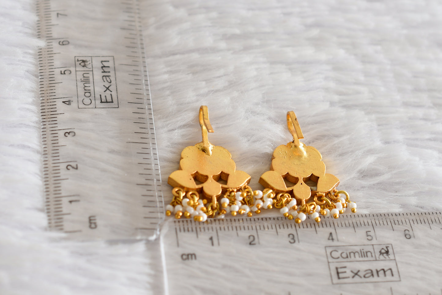 Gold tone pink-green-white kundan jadau flower bugadi earrings dj-52479