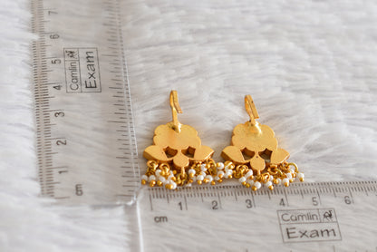 Gold tone pink-green-white kundan jadau flower bugadi earrings dj-52479