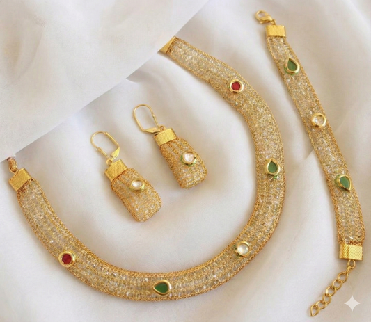 Gold tone Cz Ruby-green stone necklace Set - DJ17036