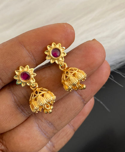 Gold tone pink stone flower small jhumkka dj-54648
