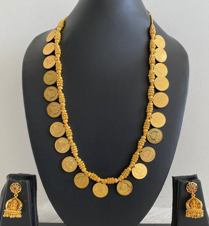 Gold tone pink stone lakshmi coin short haar set dj-55027