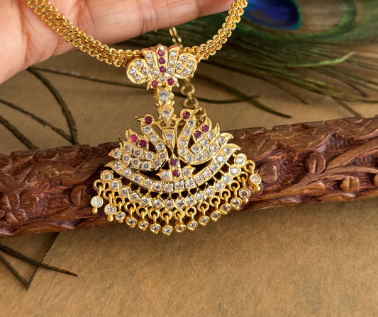 Gold tone south indian AD pink-white swan attigai/necklace dj-51741