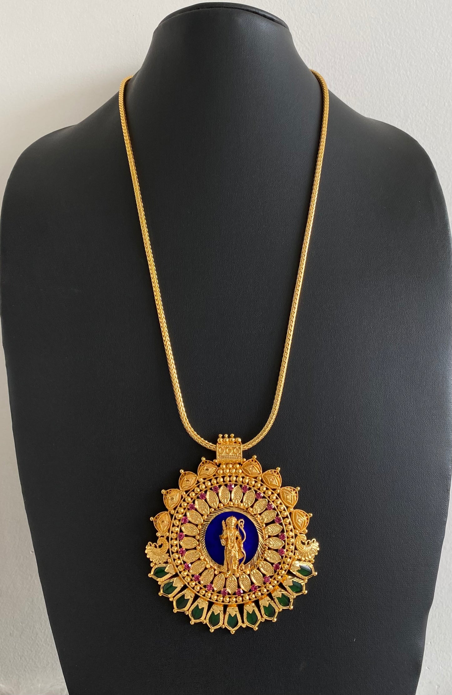 Gold tone pink-green-blue shri ram nagapadam big pendant with 24 inches chain dj-53693