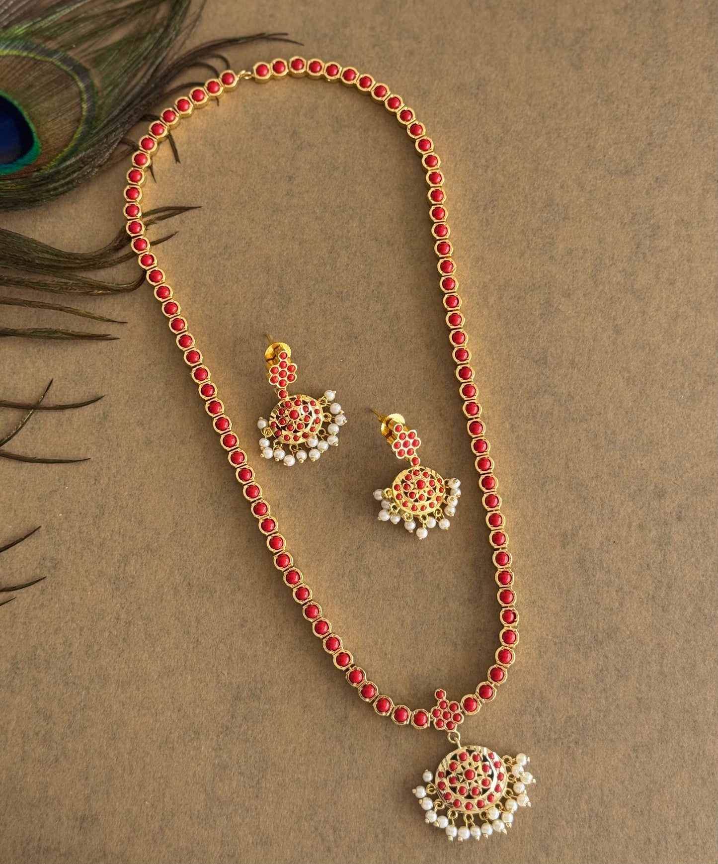 Gold tone coral South Indian style haar set dj-51675