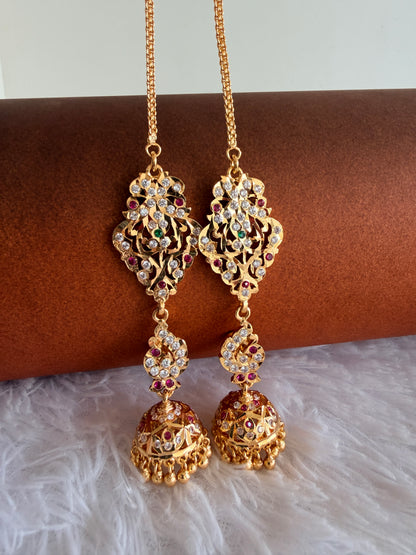 Gold tone AD pink-green south Indian peacock jhumkka with ear side chain dj-53272
