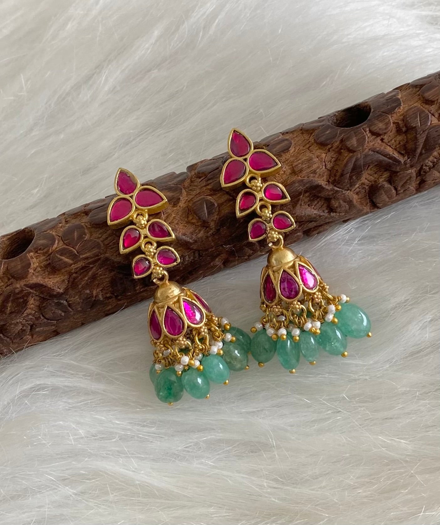 Gold tone kemp stone kundan jadau green beaded jhumkka  dj-54587