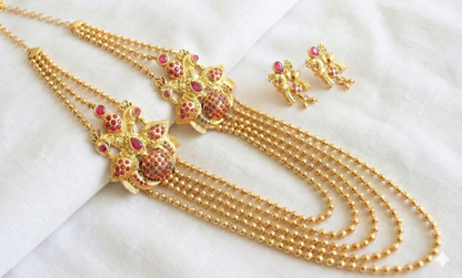 Gold tone Multilayer Ruby Peacock Mugappu Short Haar Set-dj17348
