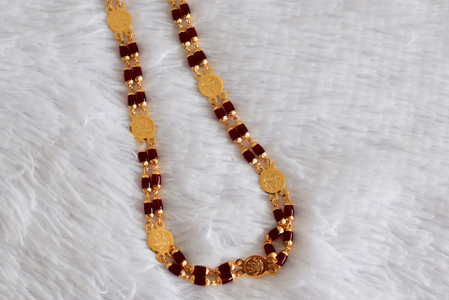Gold tone 30 inches maroon beaded Lakshmi coin chain dj-51837