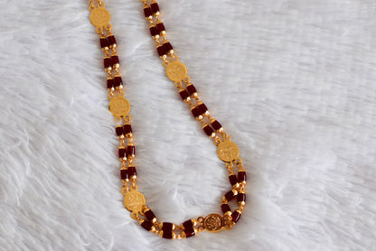 Gold tone 30 inches maroon beaded Lakshmi coin chain dj-51837