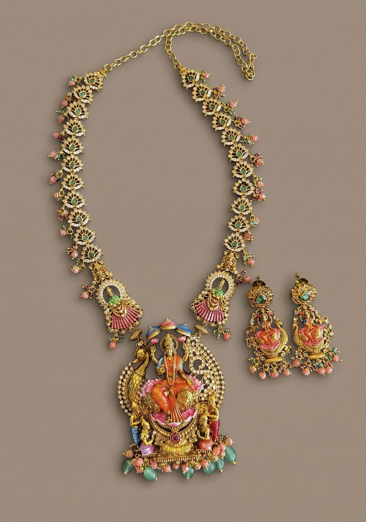 Matte finish pink-orange meenakari lakshmi haar set dj-52709
