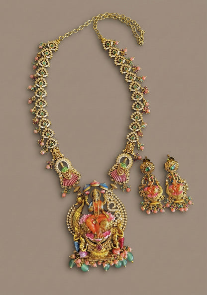Matte finish pink-orange meenakari lakshmi haar set dj-52709