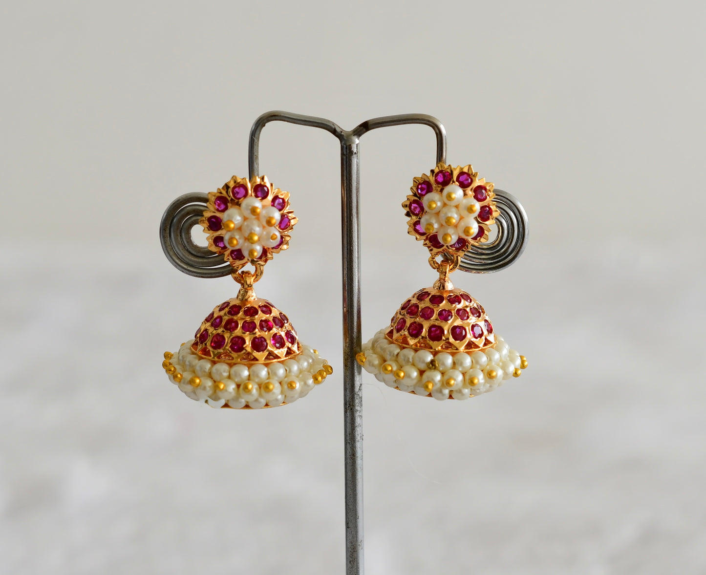 Gold tone South Indian style pink pearl jhumkka dj-51886
