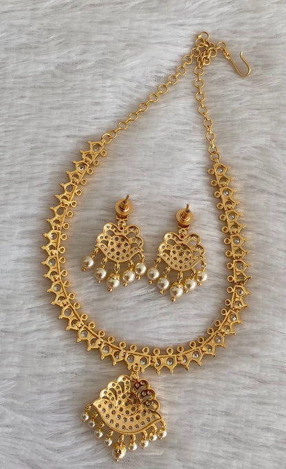 Gold tone AD white stone pearl south indian style necklace set dj-53421
