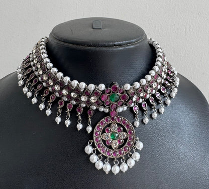 Black finish precious kemp pearl attigai/necklace dj-51032