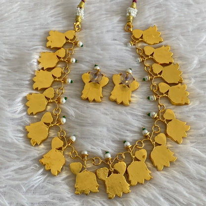 Gold tone blue-white kundan jadau lotus heart necklace set dj-53601