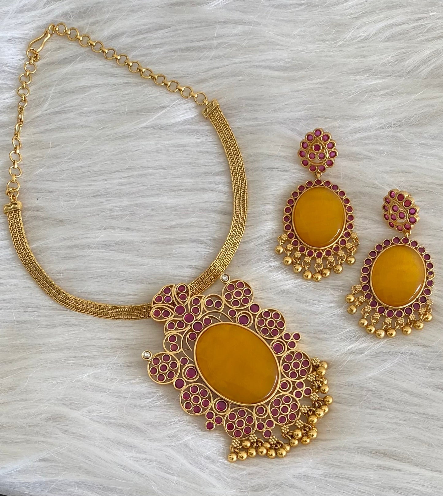 Matte finish big yellow oval stone pendant choker necklace set dj-53988